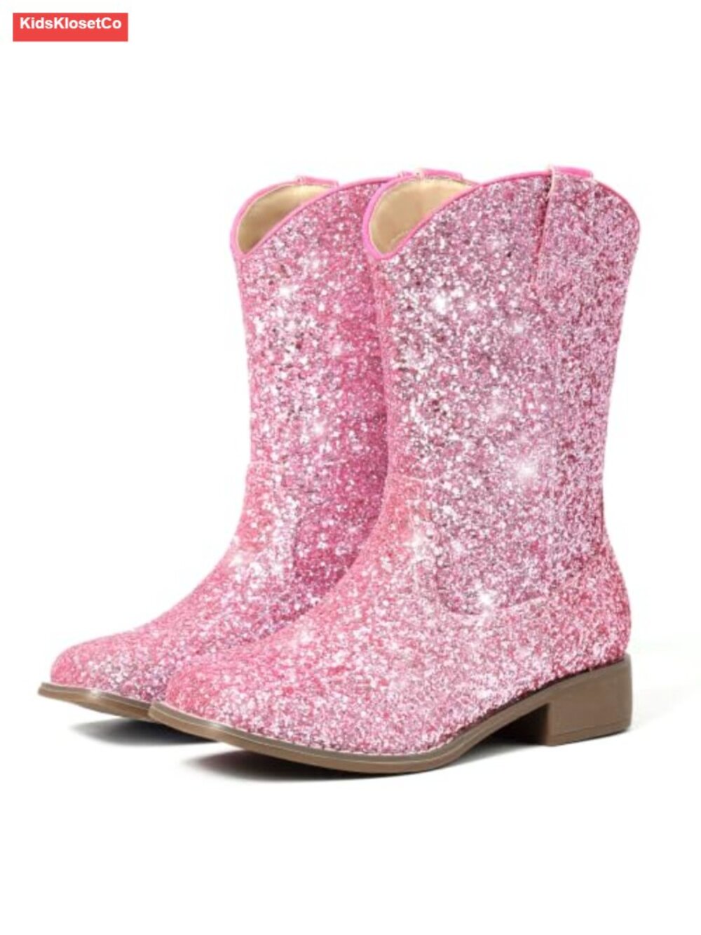 Girls Glitter Cowgirl Boots Square Toe Mid Calf Pull On Sparkly Boots